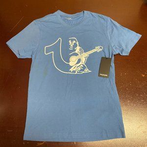 True Religion Mens Blue Half Split Logo Short Sleeve Crew Neck Pullover T Shirt